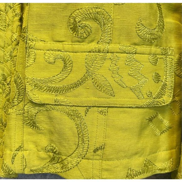 CHICO’S Silk Linen Jacket Size 1 (8/M) Chartreuse Embroidered Open Front Green - Picture 6 of 11